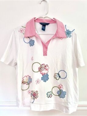 Koret Vintage Top Large L White Pink Gingham Floral Embroidered Applique Polo